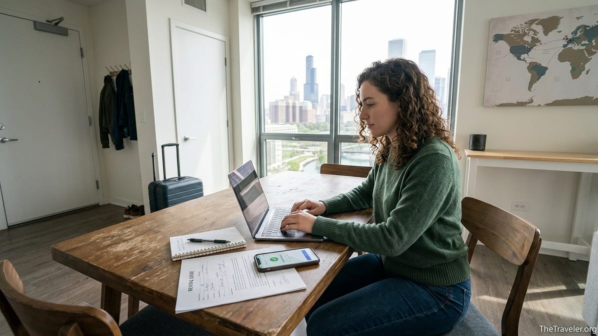 Renter at kitchen table using laptop and phone to pay rent with city skyline view.