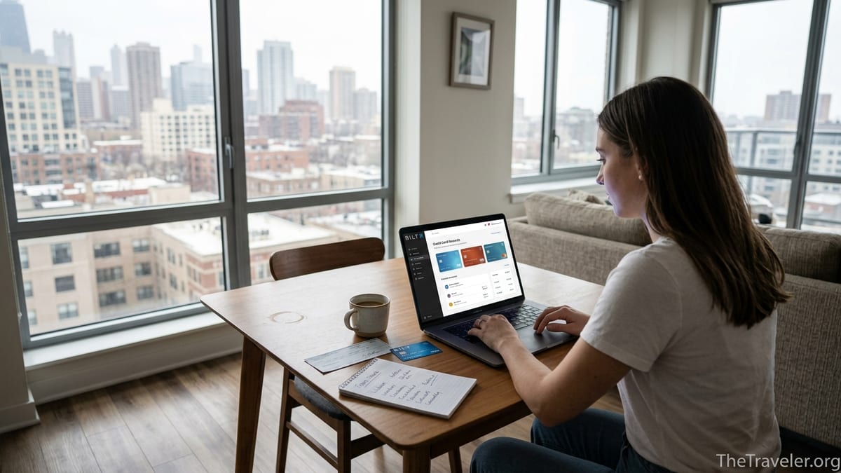 Renter in a city apartment planning travel on a laptop while paying rent with a rewards card.