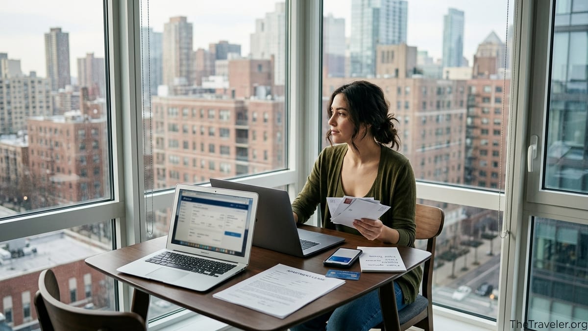 Renter in a modern city apartment checking a rewards card app before a trip, suitcase by their side.