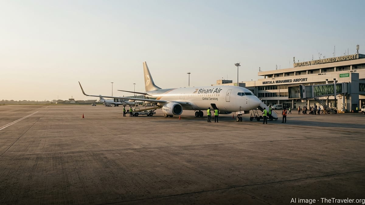 Binani Air jet on the tarmac at Lagos airport during golden hour.