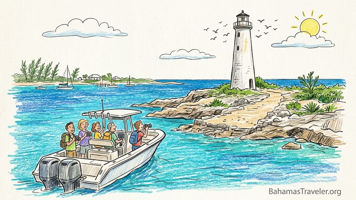 Boat approaching Bird Rock Lighthouse on a low cay off Crooked Island, Bahamas, surrounded by turquoise reef water.