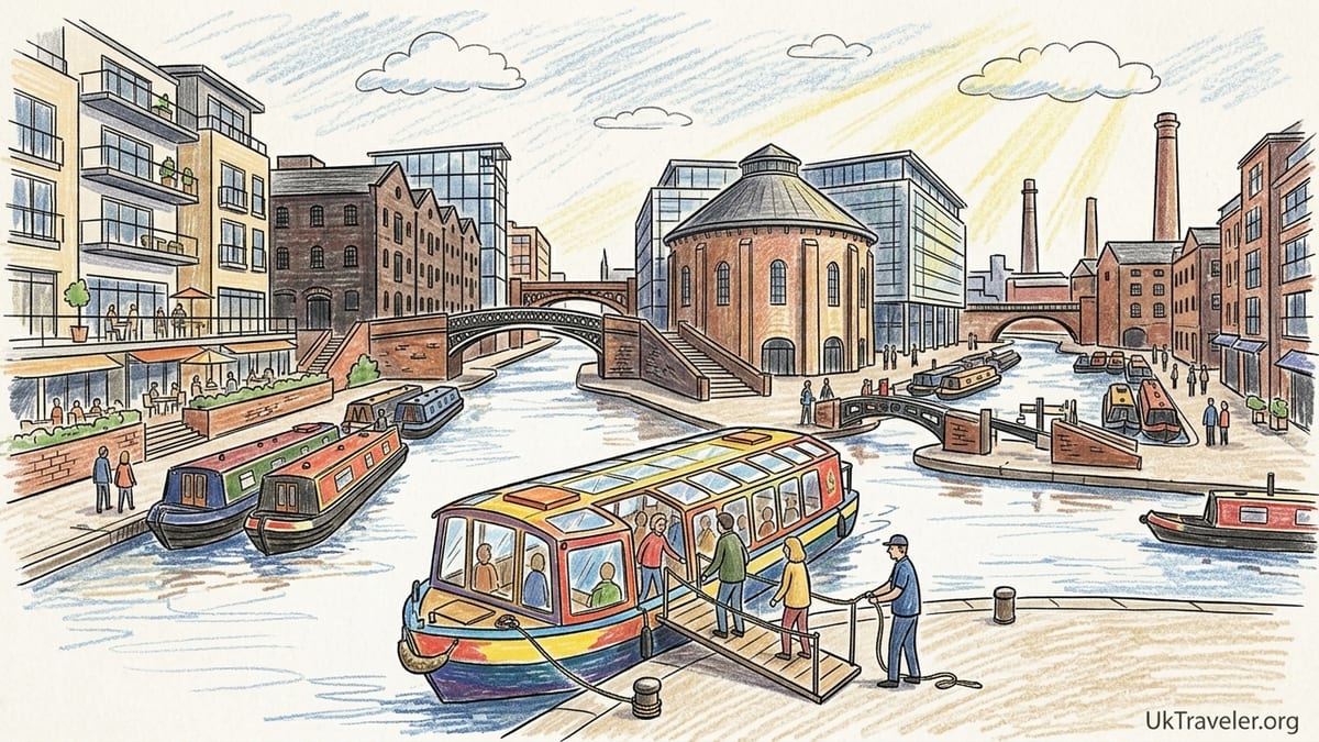Canal boat cruising through Birmingham’s Gas Street Basin past moored narrowboats and modern waterfront buildings at sunset.