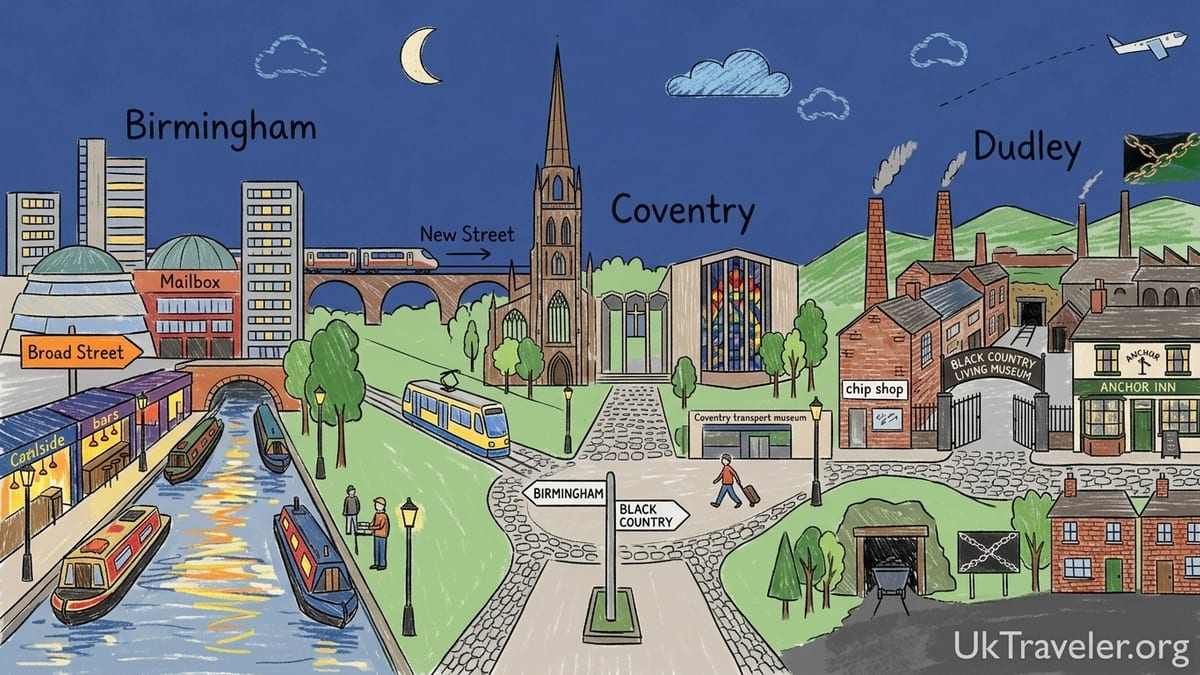 Evening view of Birmingham’s Gas Street Basin with narrowboats, lit bars and wet towpath.
