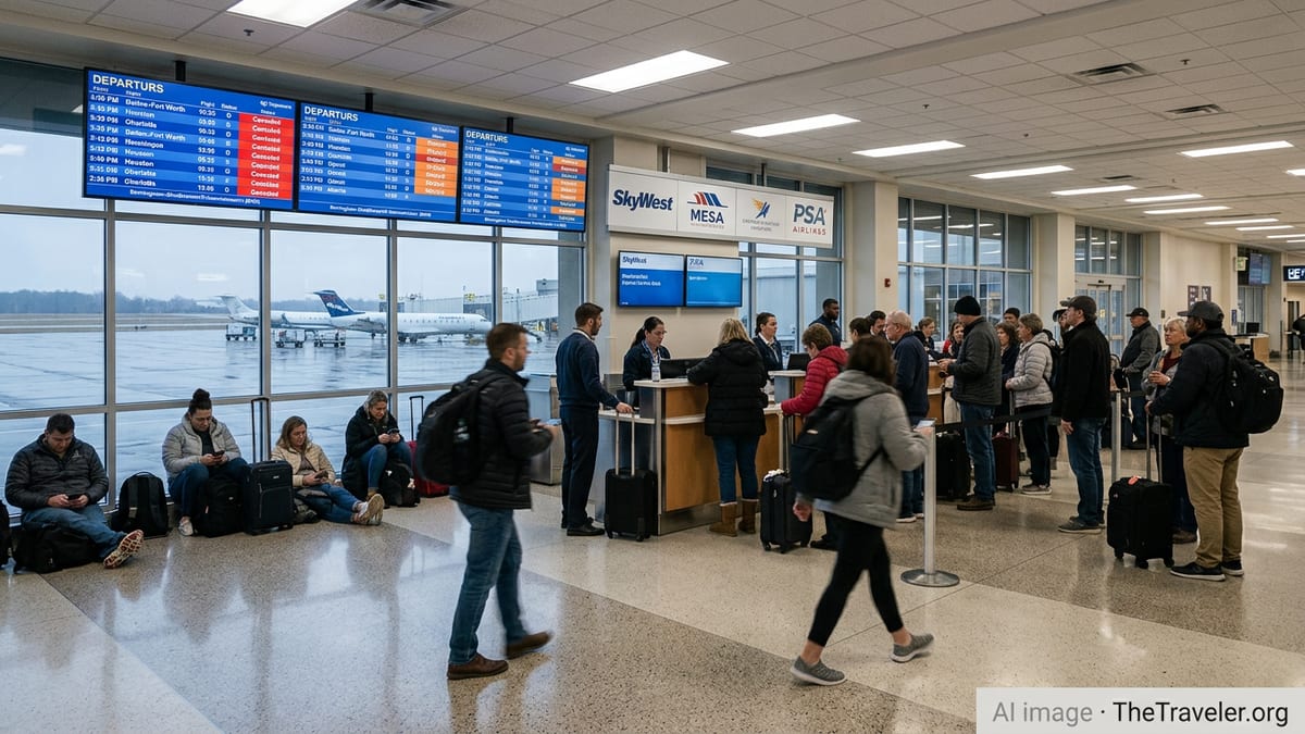 Crowded Birmingham airport terminal with passengers queuing under boards showing multiple canceled and delayed flights.