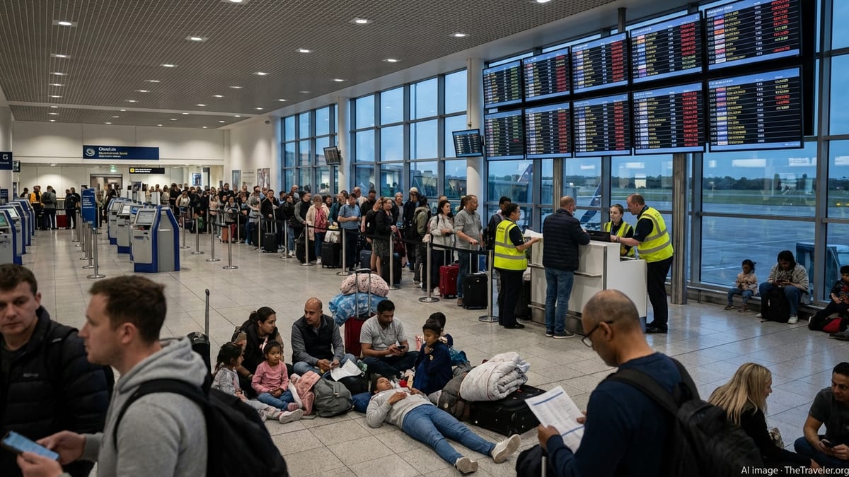Passengers queue under cancelled flight boards at Birmingham Airport during Middle East travel disruption.