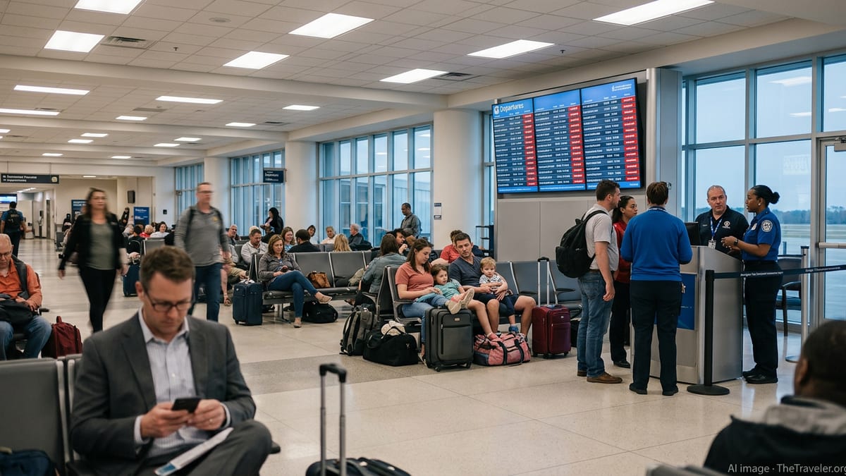 Crowded Birmingham airport gate area as travelers wait amid widespread flight delays.