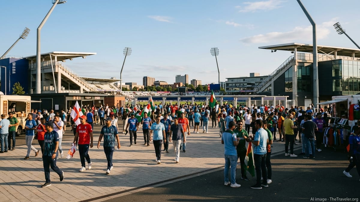 Cricket fans gather outside Edgbaston in Birmingham before a Women’s T20 World Cup match.