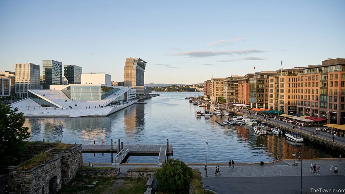 Golden hour view of Oslo’s Bjørvika and Aker Brygge waterfronts facing each other across the fjord.