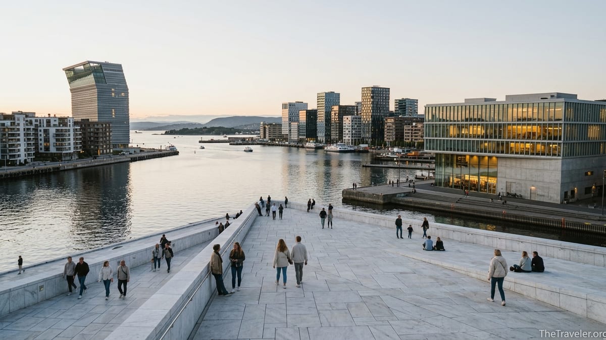 View over Bjørvika from the Oslo Opera House roof with harbor, Munch museum and Barcode skyline at sunset.