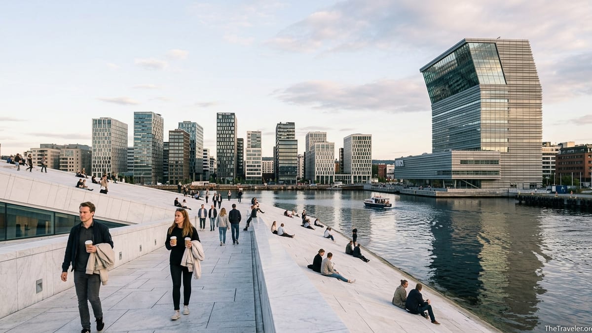 Evening view of Oslo Opera House, MUNCH museum and Barcode skyline along Bjørvika waterfront.