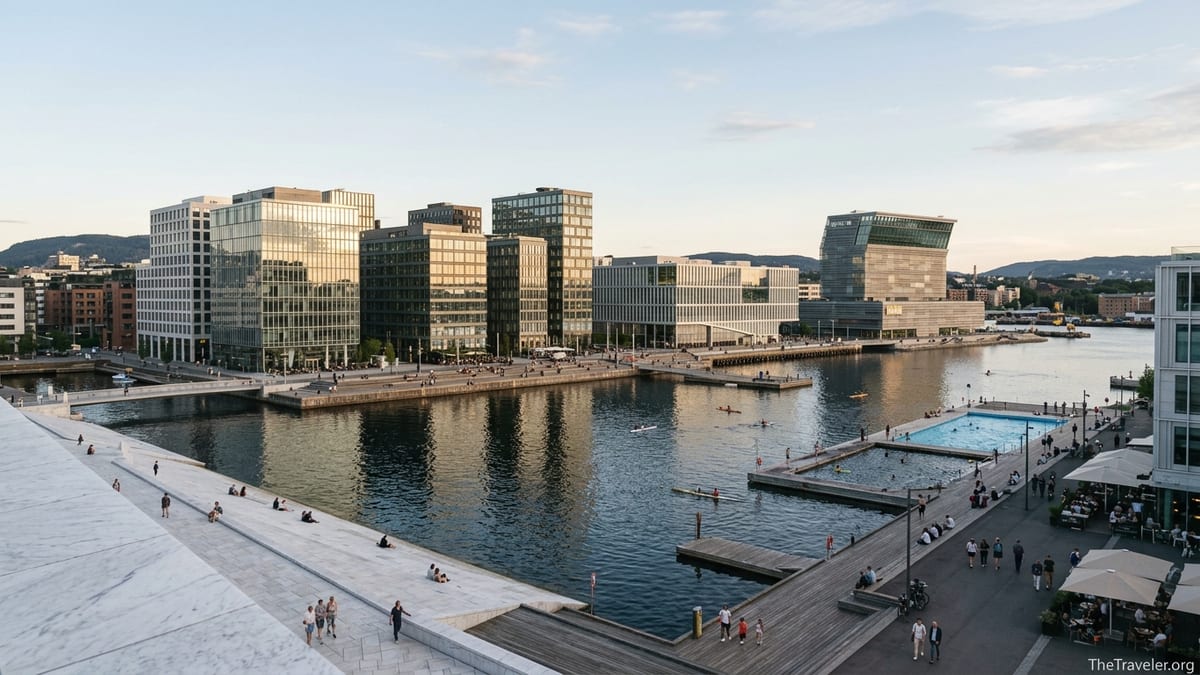 Evening view of Oslo’s Bjørvika waterfront with Opera House roof, Barcode towers and swimmers at Sørenga.