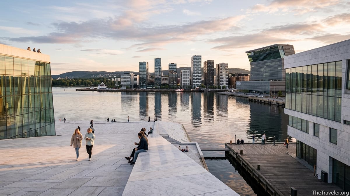 Evening view of Oslo’s Bjørvika waterfront with the Opera House roof, Barcode skyline and fjord promenade.