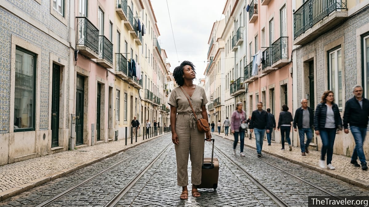 Black American woman with suitcase standing solo on a cobblestone Lisbon street, looking up at colorful buildings after a雨