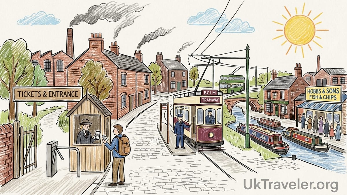Canalside cobbled street with tram, brick workshops and visitors at Black Country Living Museum.