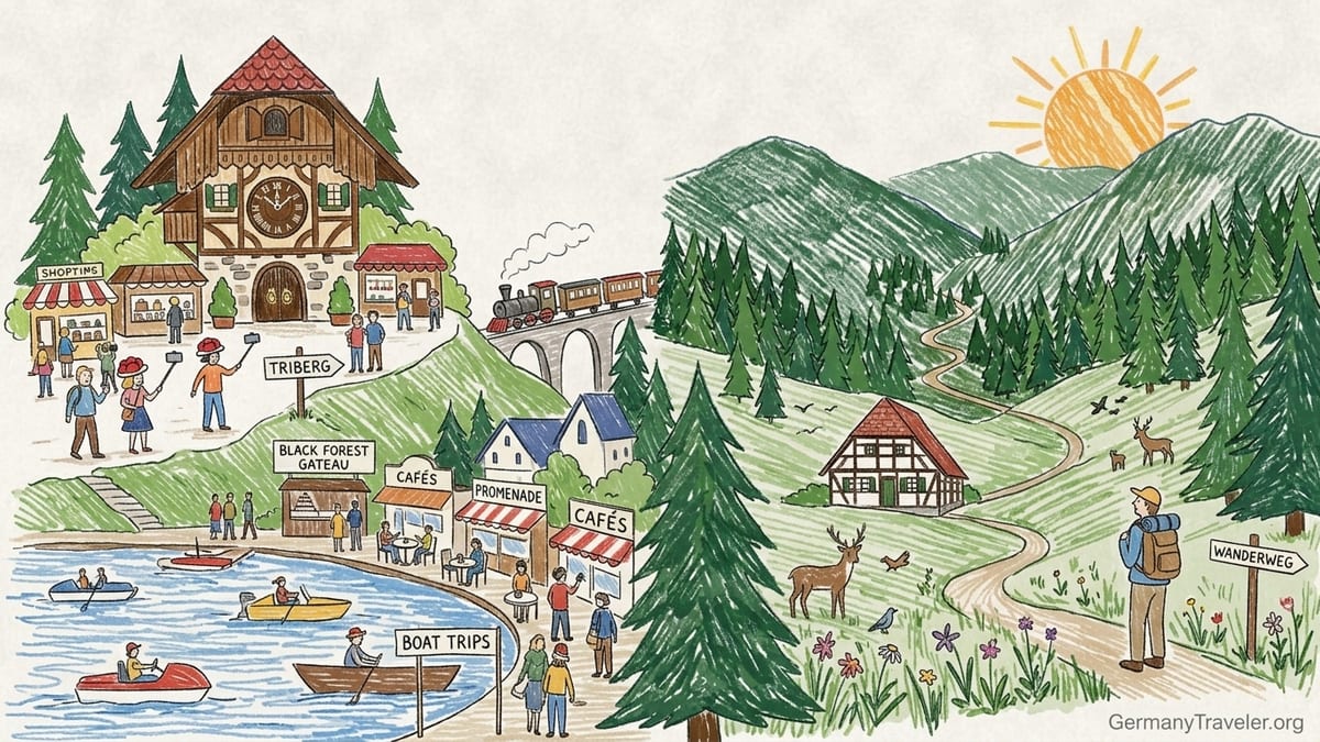 Lakeside promenade at Lake Titisee fading into a quiet forest path in Germany’s Black Forest.