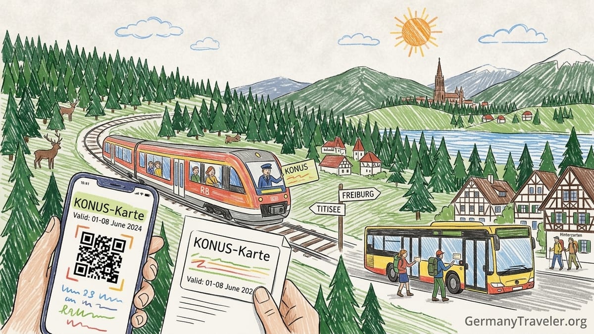 Regional train arriving at a small Black Forest station with hikers on the platform.