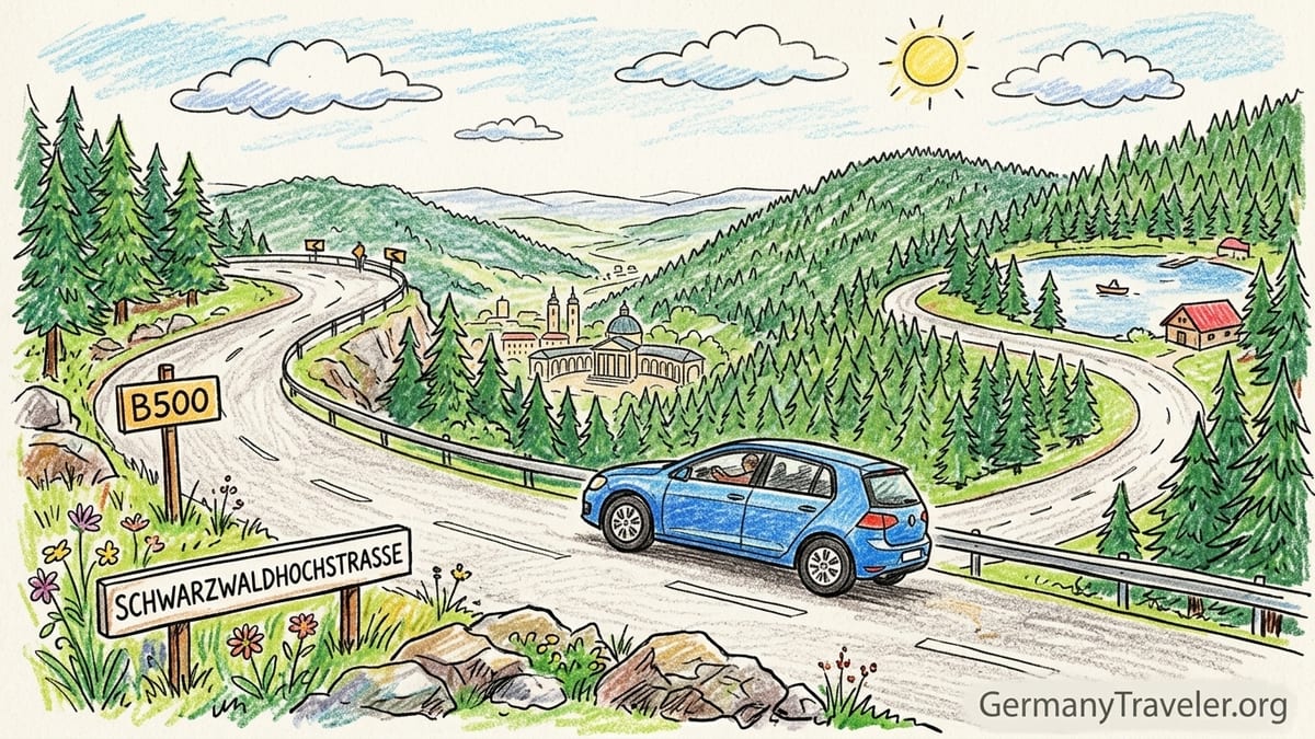 Curving Black Forest High Road with parked car and forested hills at sunset