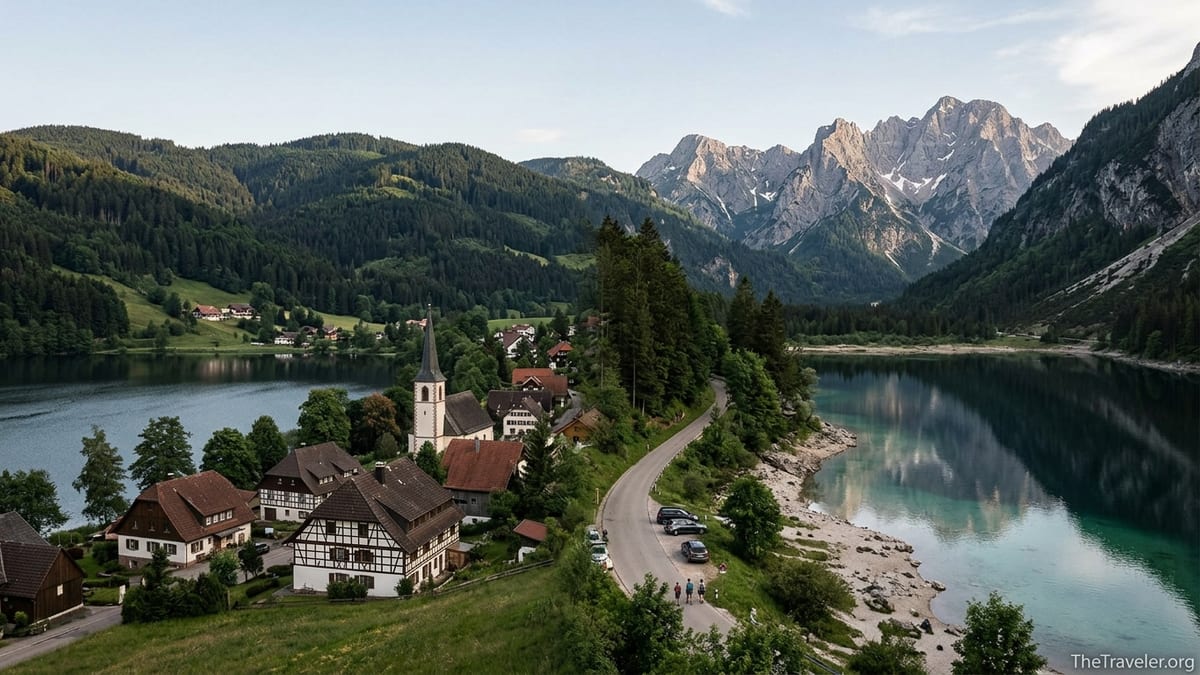 Panoramic view contrasting Germany’s forested Black Forest hills with the rugged Bavarian Alps across two mountain lakes.