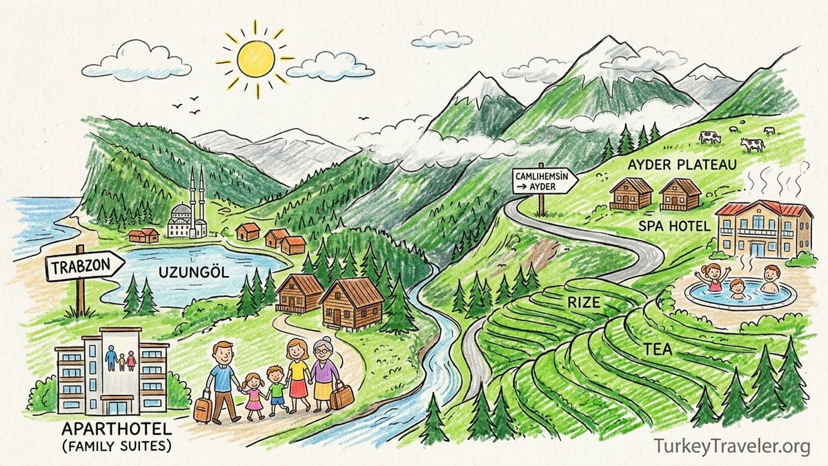 Family walking by chalet hotels along misty Uzungöl lake in Turkey’s Black Sea mountains.