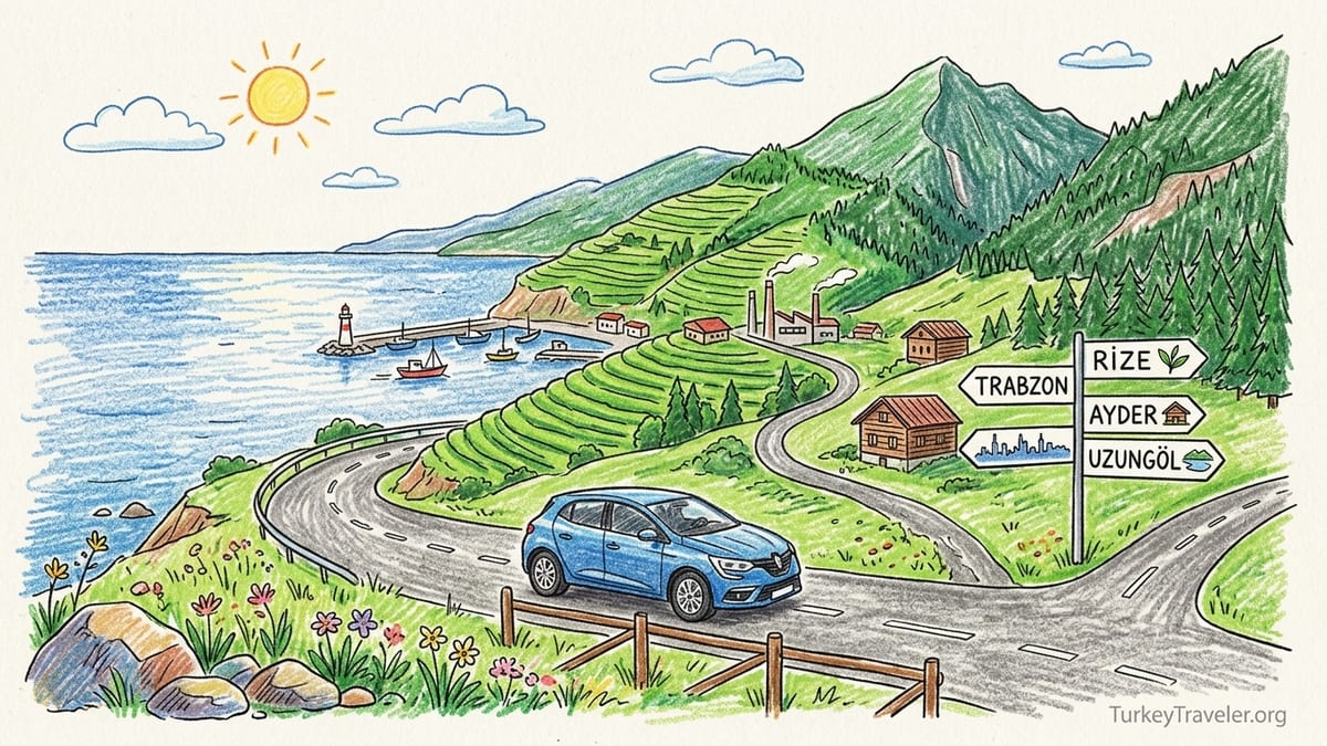 Curving coastal highway along Turkey’s lush Black Sea cliffs near Trabzon with car parked at a scenic viewpoint.
