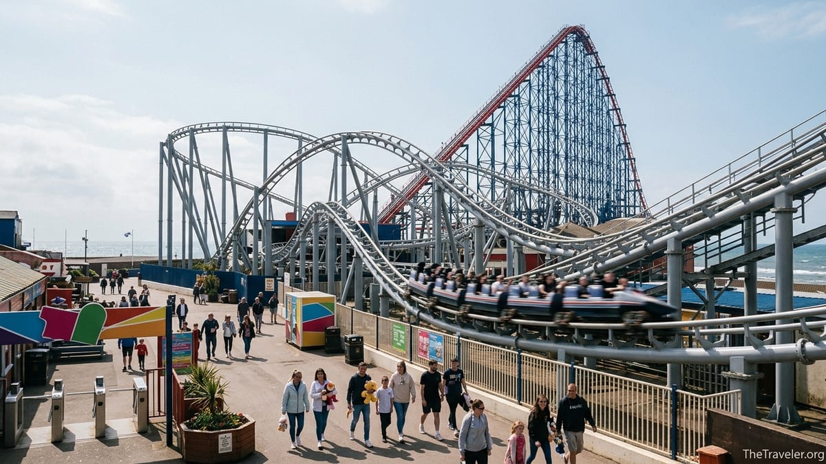 Wide view of Blackpool Pleasure Beach showing ICON, The Big One and busy midways on a bright summer day.