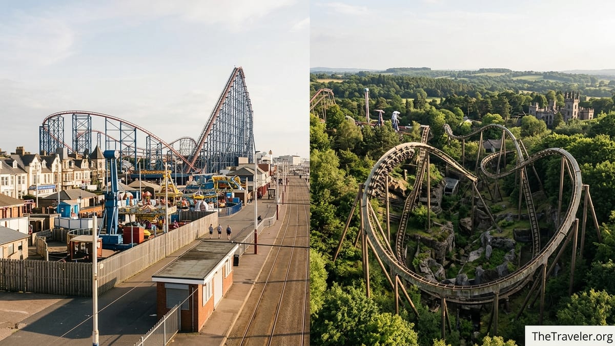 View of Blackpool Pleasure Beach and Alton Towers coasters highlighting seaside and countryside contrast.