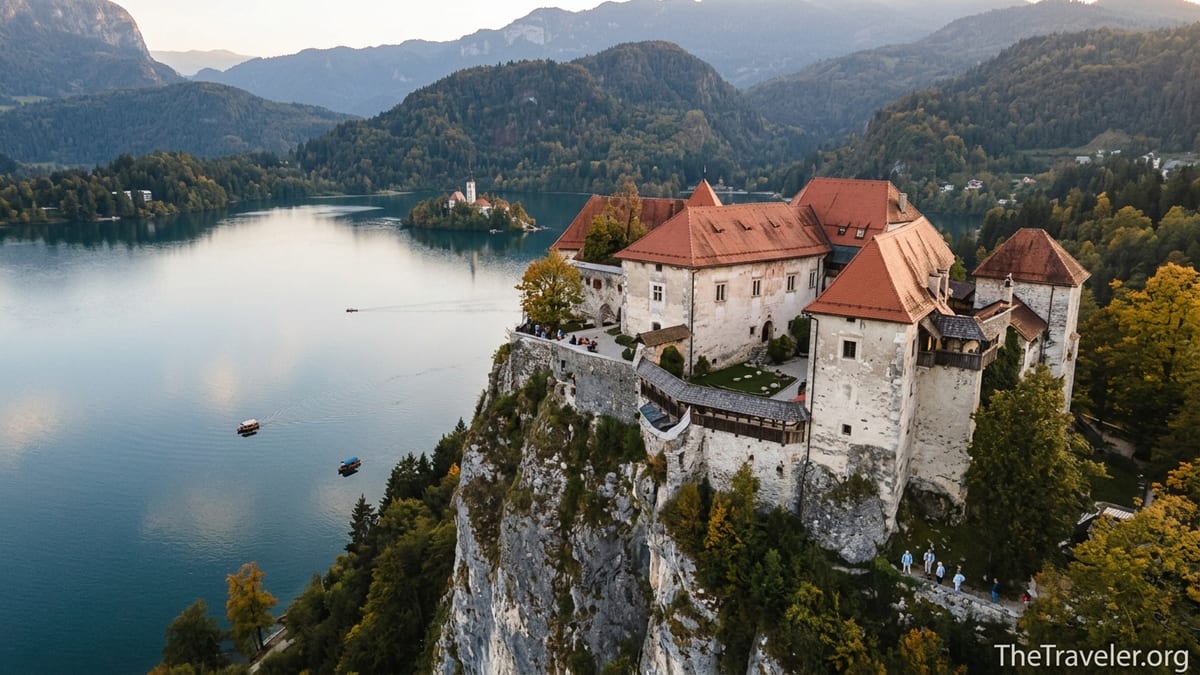 Bled Castle on a rocky cliff above Lake Bled with the island church and mountains in the background.