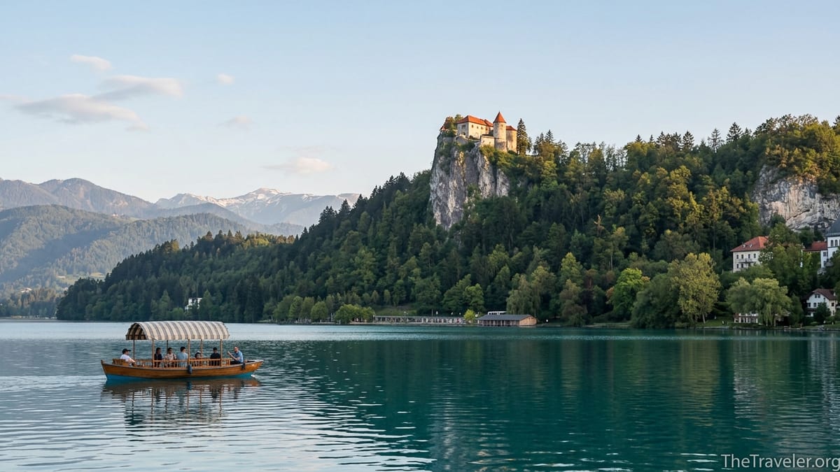 Bled Castle on a cliff above Lake Bled with a pletna boat on the water at golden hour.
