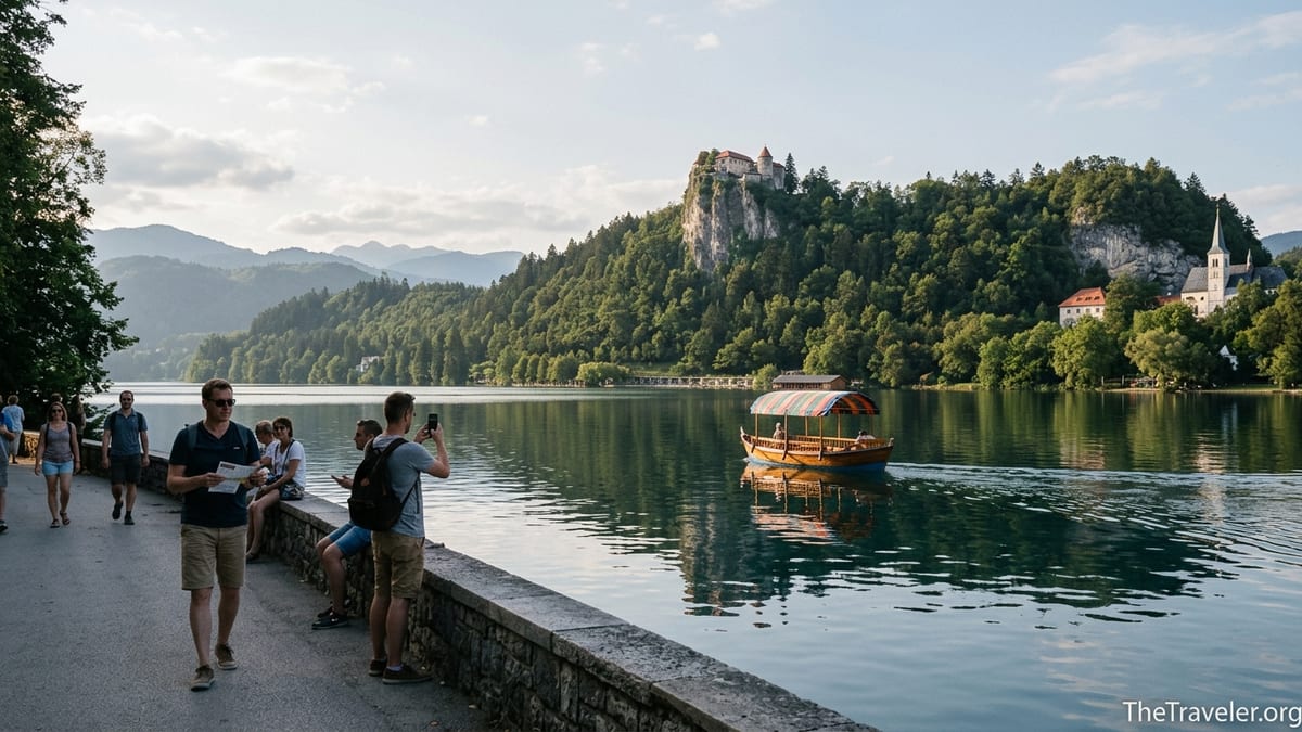 View of Bled Castle on a cliff above Lake Bled with a Pletna boat on the lake below.