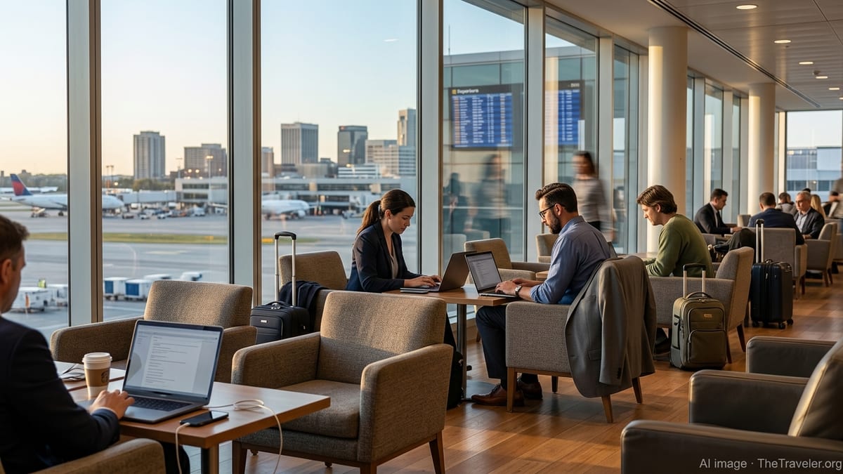 Business travelers working on laptops in an airport lounge with suitcases and city skyline at sunset.