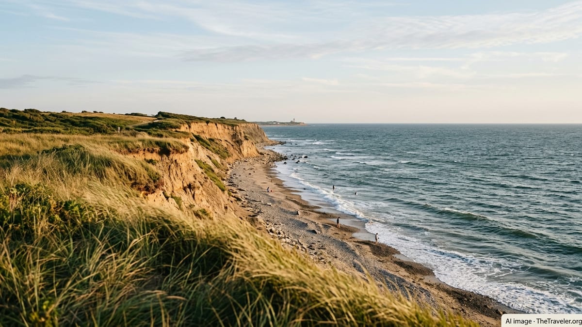 View from Mohegan Bluffs on Block Island looking down to a quiet beach and the Atlantic Ocean at golden hour.
