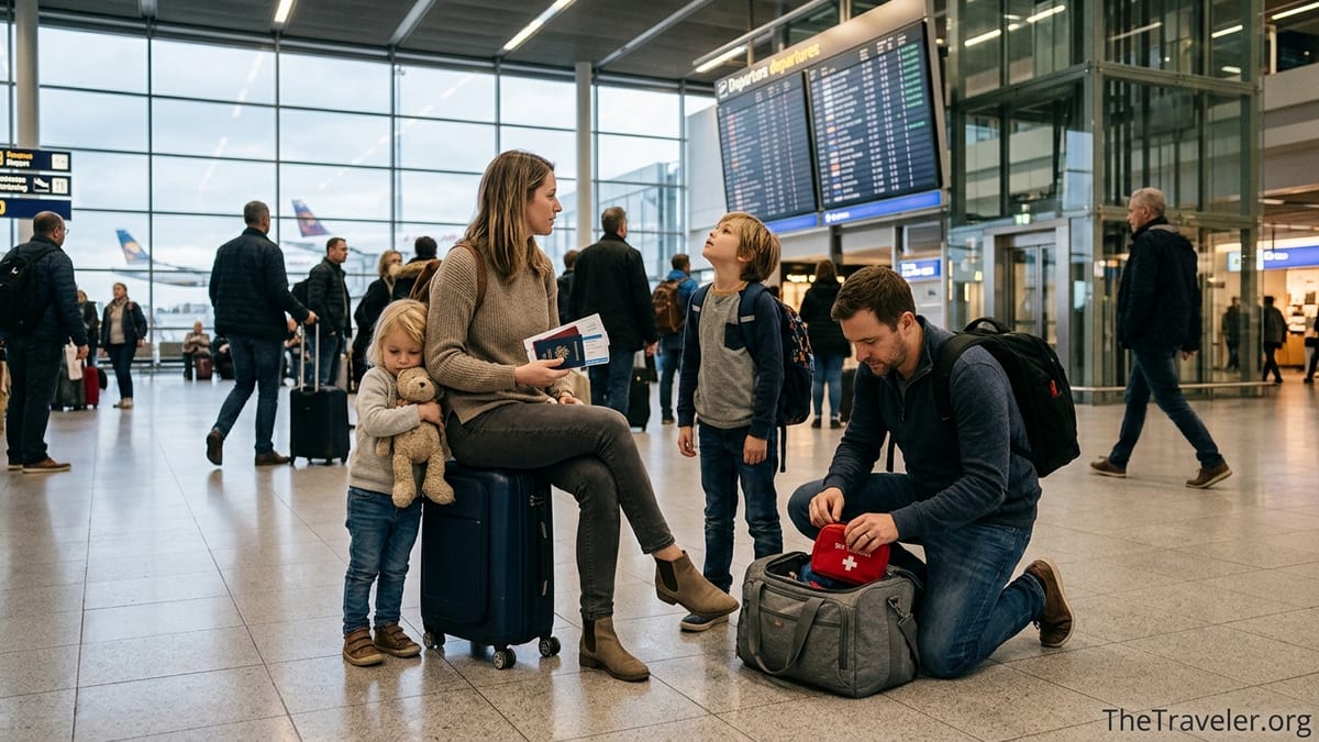 Family with children reviewing travel documents in a busy international airport terminal.