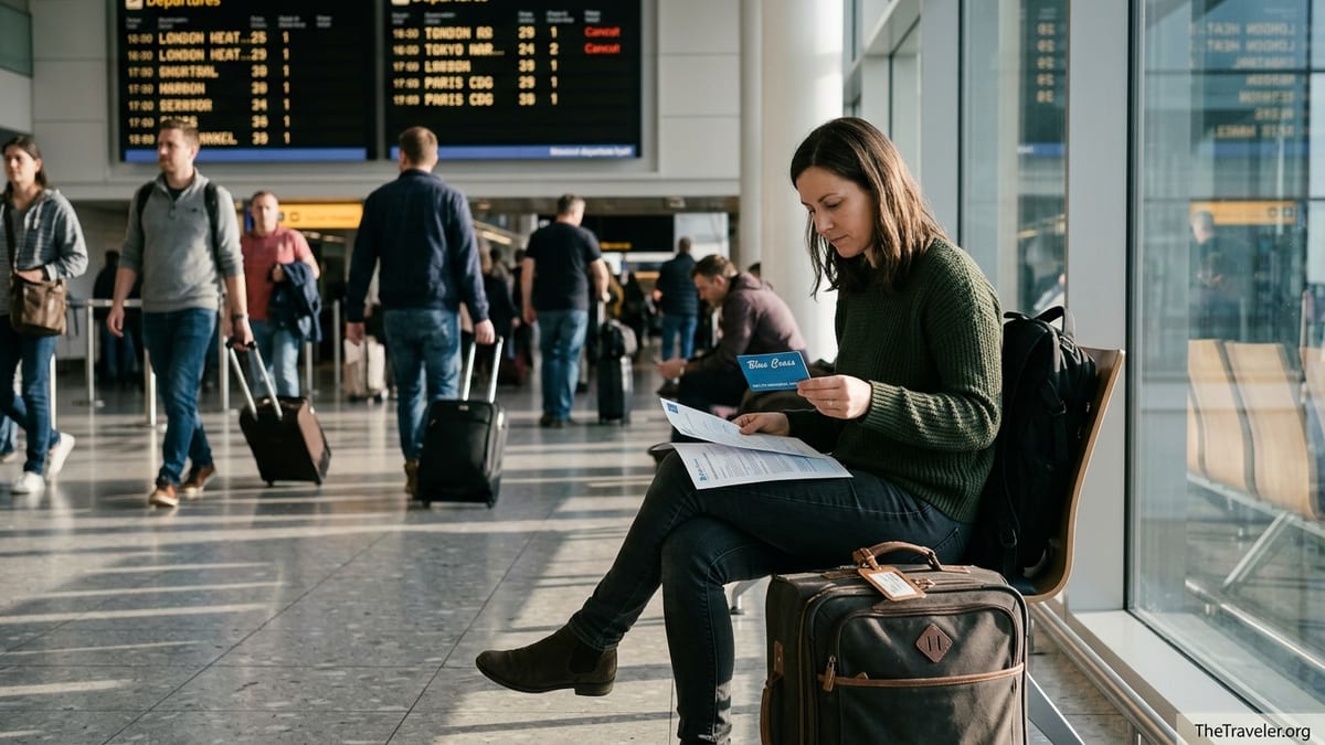 Traveler in an airport reviewing health insurance documents beside luggage.