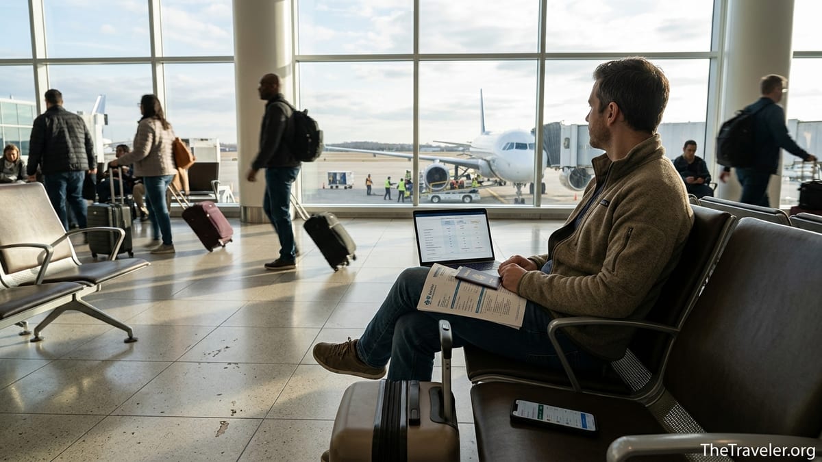 Traveler in airport comparing Blue Cross and other travel insurance papers before a flight.