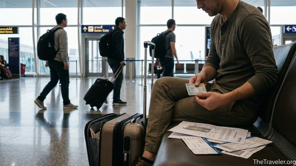 Traveler in airport reviewing Blue Cross card and travel documents before flight