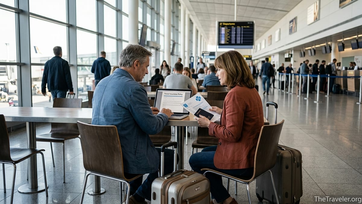 Traveler in an airport reviewing Blue Cross travel insurance documents near a departure gate.