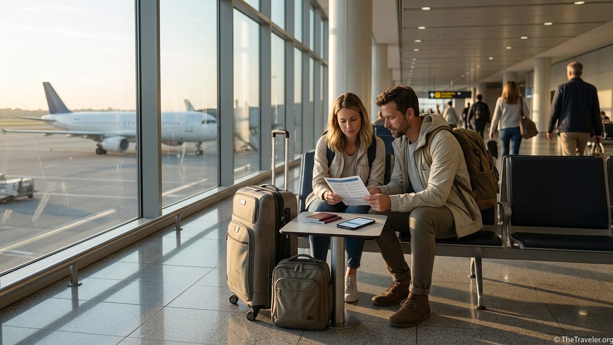 Couple reviewing travel insurance documents in a sunlit airport departure lounge.