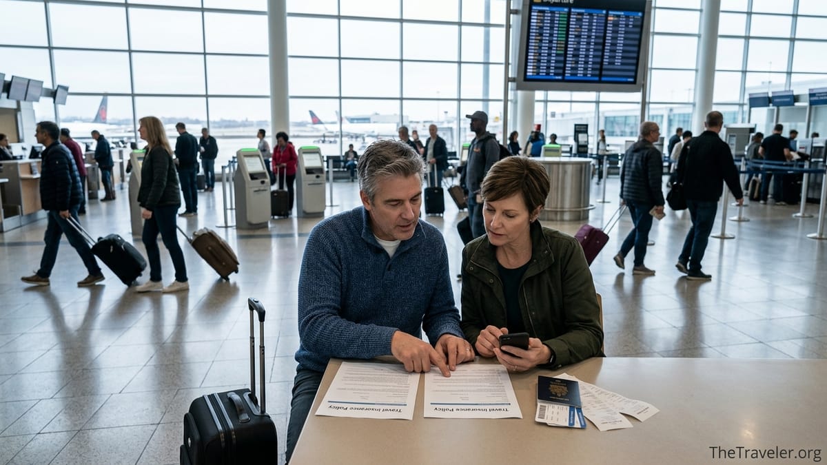 Canadian travelers comparing travel insurance documents in a busy airport departure hall.