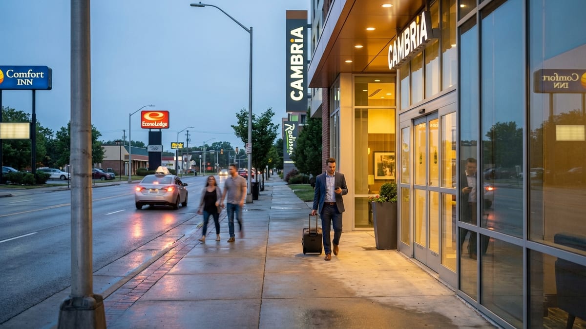 Blue-hour cityscape featuring Cambria hotel and distant roadside motel signs. 