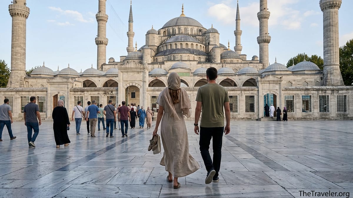 Visitors in modest dress walk across the courtyard toward Istanbul’s Blue Mosque on a clear afternoon.