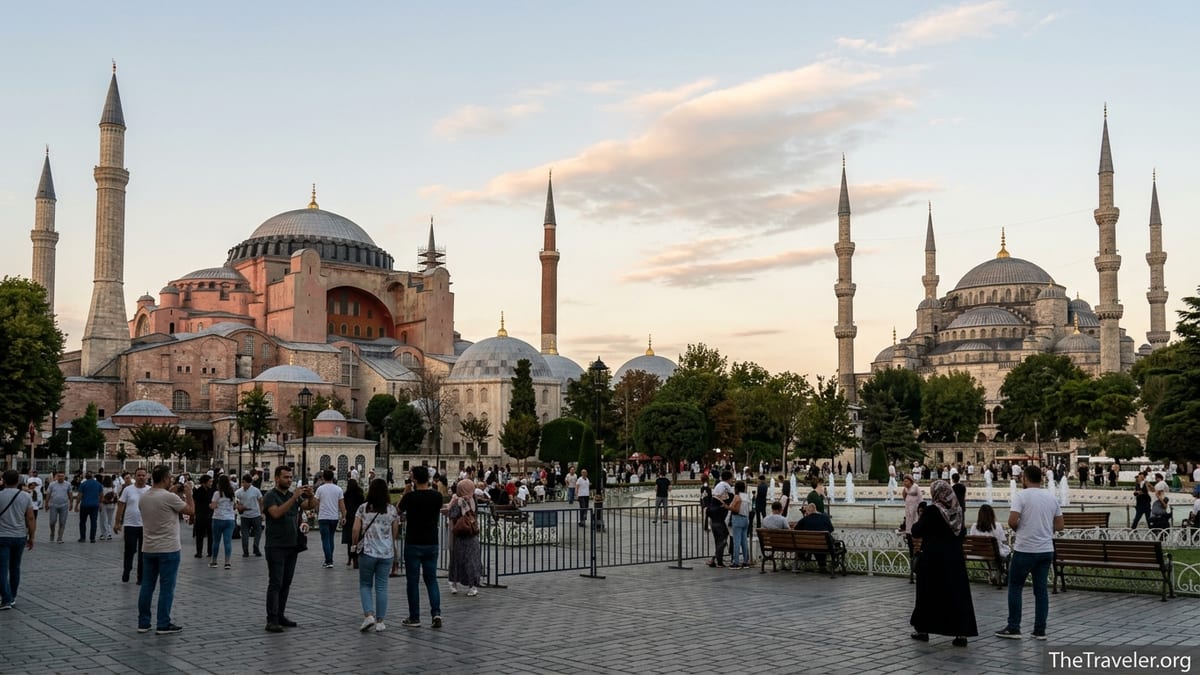 View of Hagia Sophia and the Blue Mosque facing each other across Sultanahmet Square at sunset.