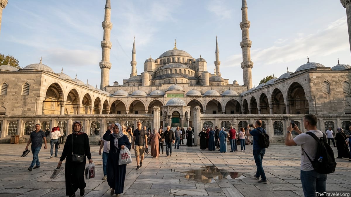 Late-afternoon view of Istanbul’s Blue Mosque with visitors crossing Sultanahmet Square in front.