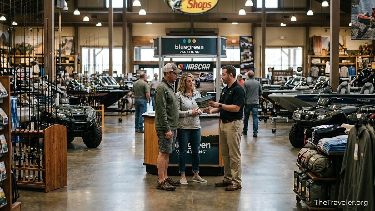 Shopper couple listening to a Bluegreen Vacations pitch at a Bass Pro Shops store.