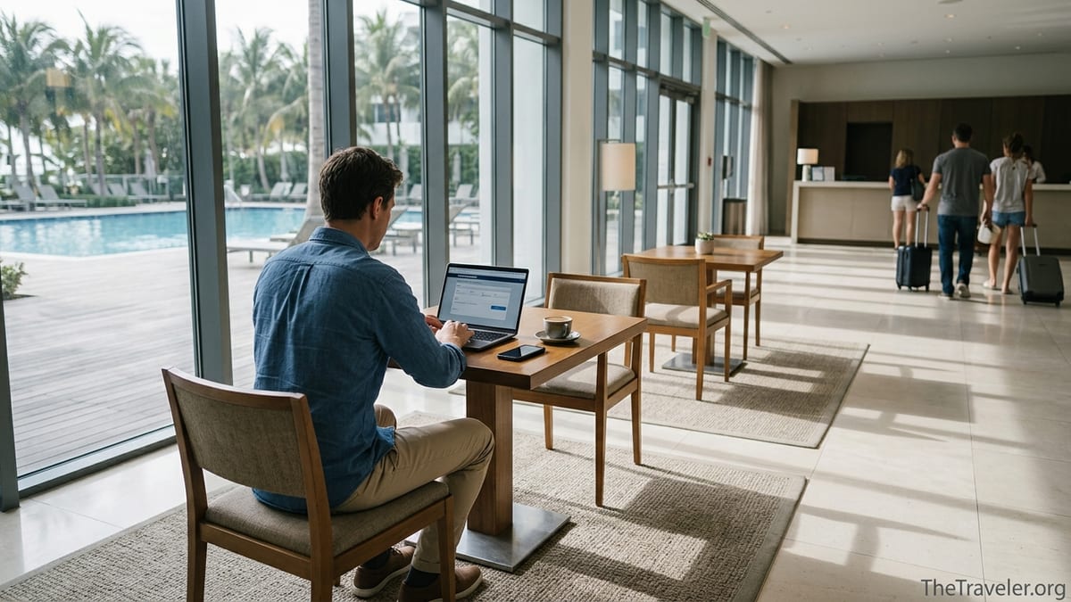 Bluegreen-style vacation owner managing reservations on a laptop in a bright resort lobby.