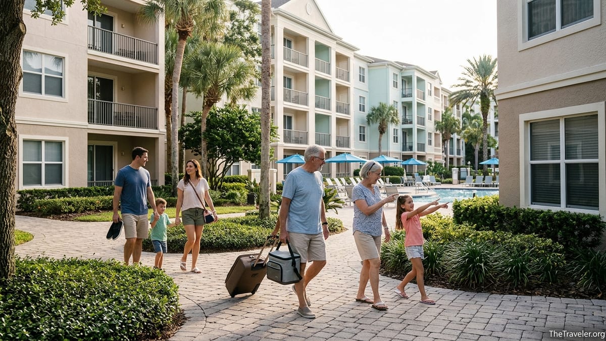 Family walking through a palm-lined condo resort with pool on a sunny day