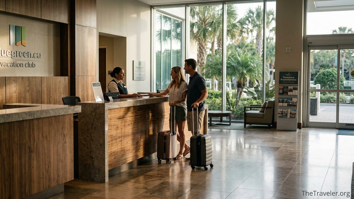 Couple checking in at a sunny Orlando resort front desk with luggage.