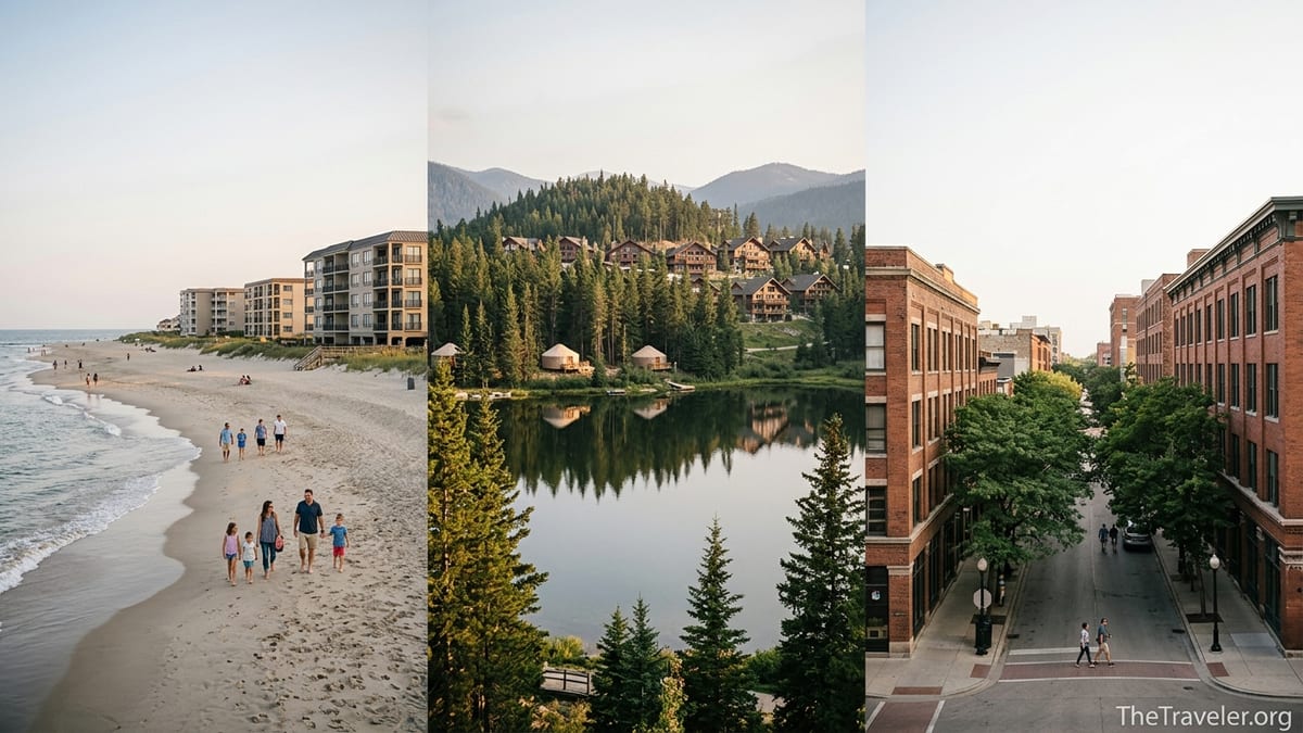 Bluegreen-style resort settings showing beach villas, mountain lake cabins, and a downtown hotel at sunset.
