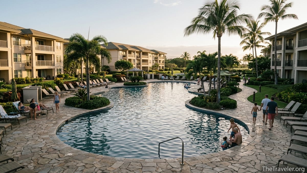 Families relax by the pool at a condo-style vacation resort at sunset.