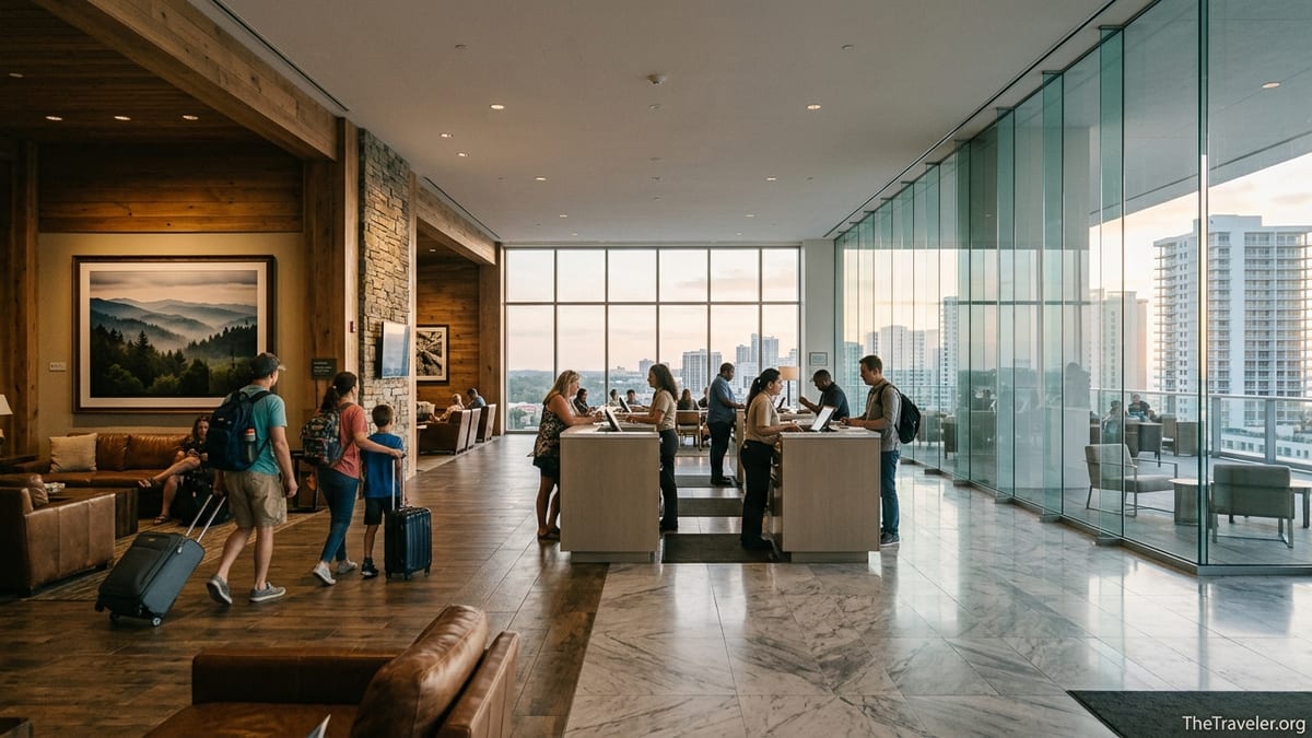 Resort lobby scene contrasting a family-focused vacation club area with a sleek high-rise timeshare brand space.