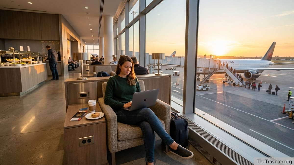 Traveler relaxing in a modern airport lounge with runway views at sunset.